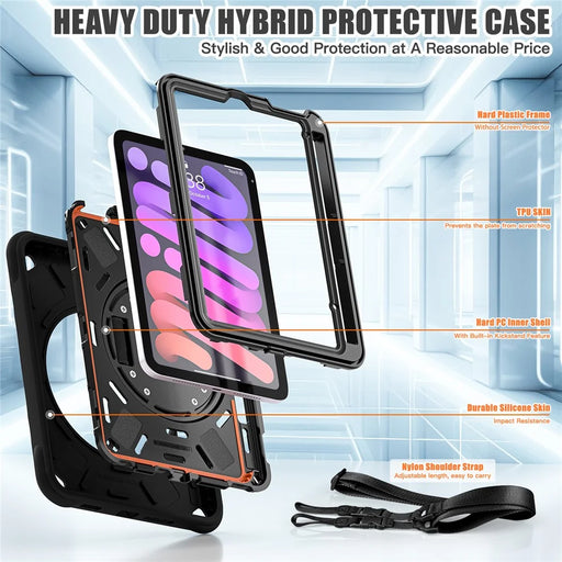 For iPad mini (2024) / (2021) Case with Shoulder Strap Kickstand PC + Silicone + TPU Tablet Cover - Black - 2