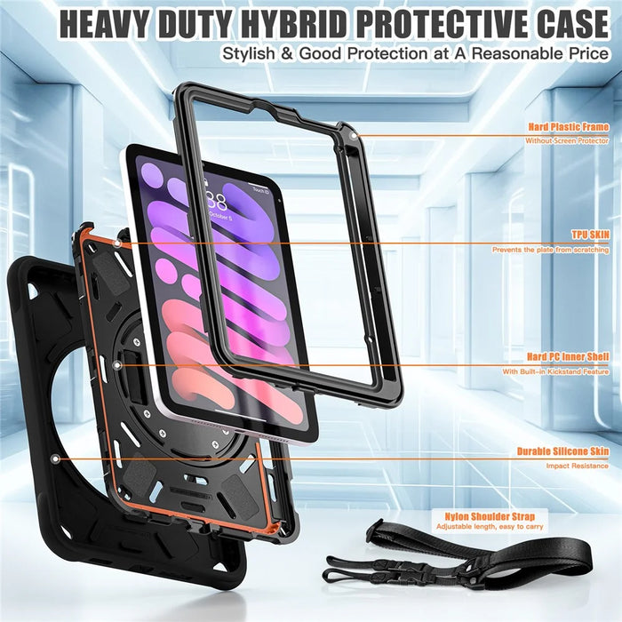 For iPad mini (2024) / (2021) Case with Shoulder Strap Kickstand PC + Silicone + TPU Tablet Cover - Black - 2