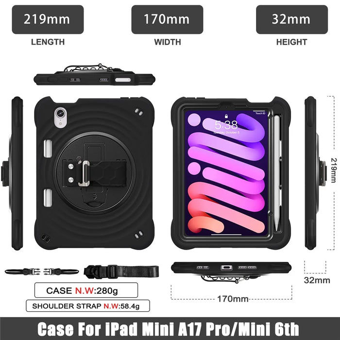For iPad mini (2024) / (2021) Case with Shoulder Strap Kickstand PC + Silicone + TPU Tablet Cover - Black - 6