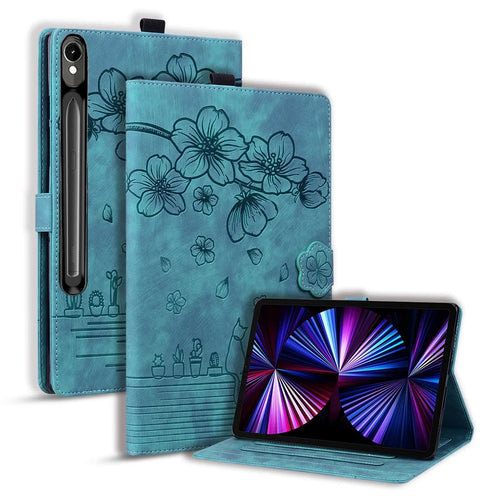 For Samsung Galaxy Tab S10 FE+ Case Card Slots Leather Tablet Stand Folio Cover Flower Cat - Green - 1