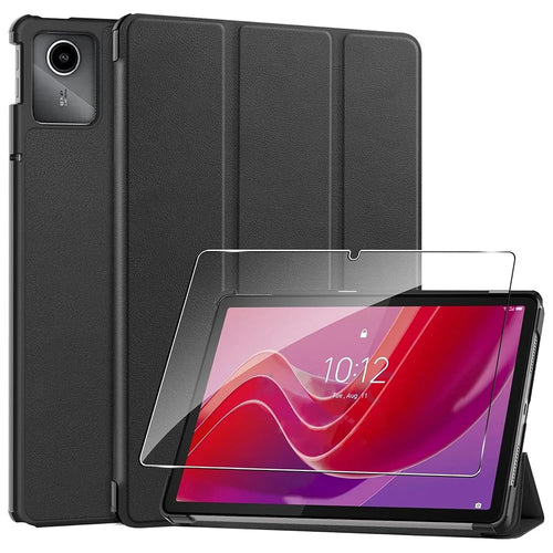 For Lenovo Tab M11  /  K11 Case Tri-Fold Stand PU Leather Tablet Cover with 2.5D Tempered Glass Screen Protector - Black - 1