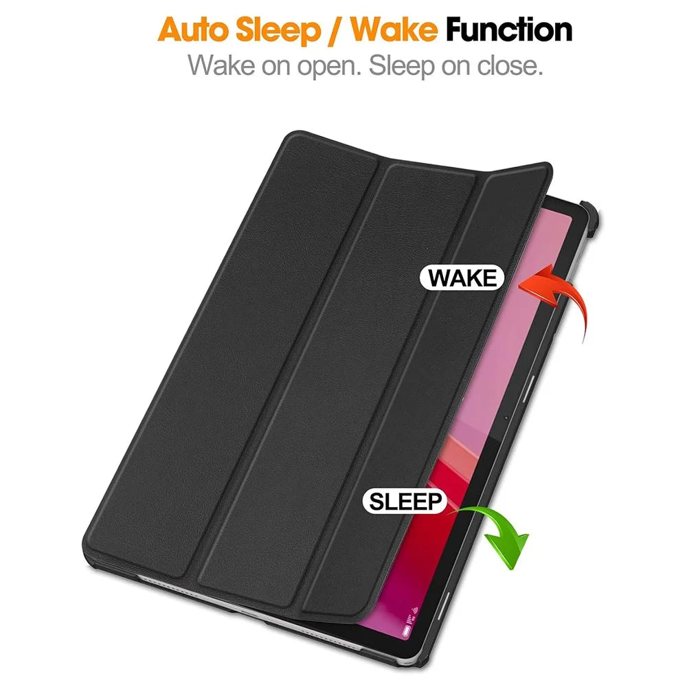 For Lenovo Tab M11  /  K11 Case Tri-Fold Stand PU Leather Tablet Cover with 2.5D Tempered Glass Screen Protector - Black - 2