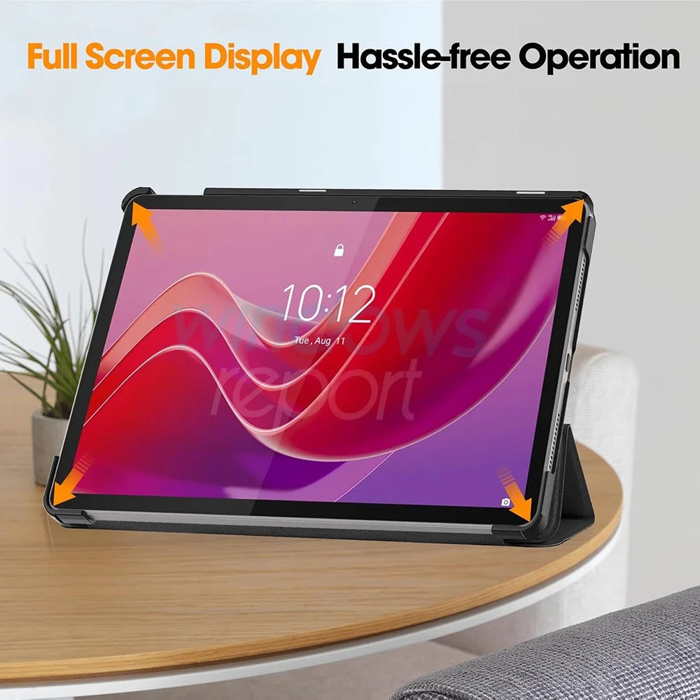 For Lenovo Tab M11  /  K11 Case Tri-Fold Stand PU Leather Tablet Cover with 2.5D Tempered Glass Screen Protector - Black - 5