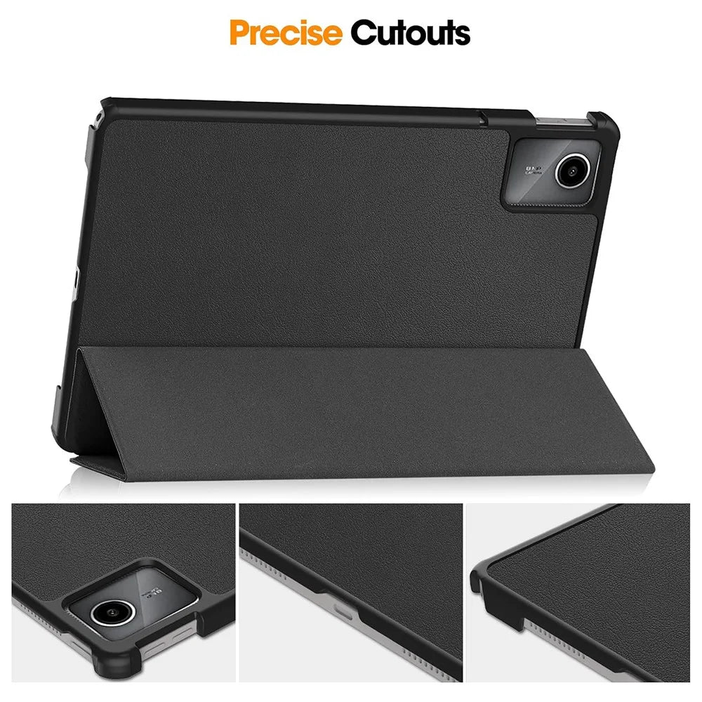 For Lenovo Tab M11  /  K11 Case Tri-Fold Stand PU Leather Tablet Cover with 2.5D Tempered Glass Screen Protector - Black - 7