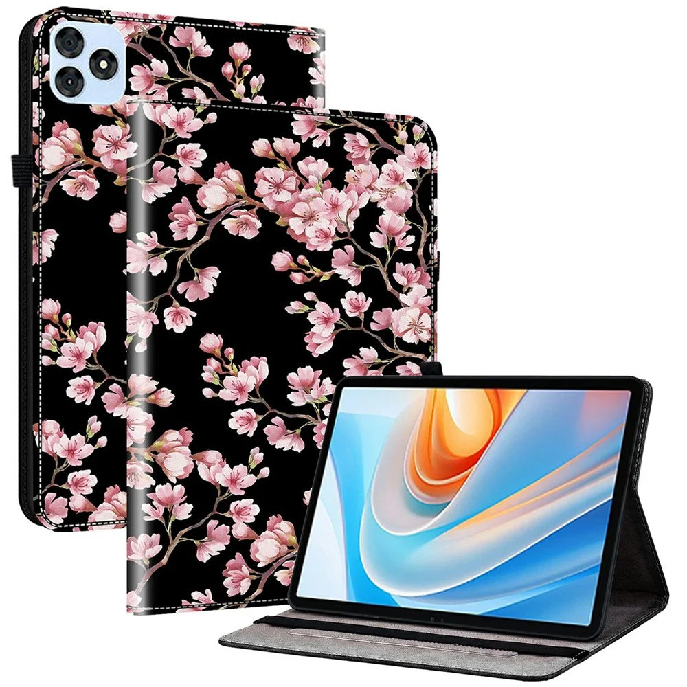 For itel Vistatab 30 Leather Case Pattern Printed Stand Tablet Cover with Card Slots - Plum Blossom - 1