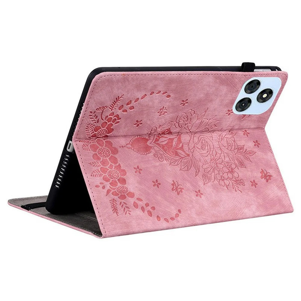 For itel Vistatab 30 Case Card Holder Anti-Scratch Leather Cover Rose Flower Imprint - Pink - 4