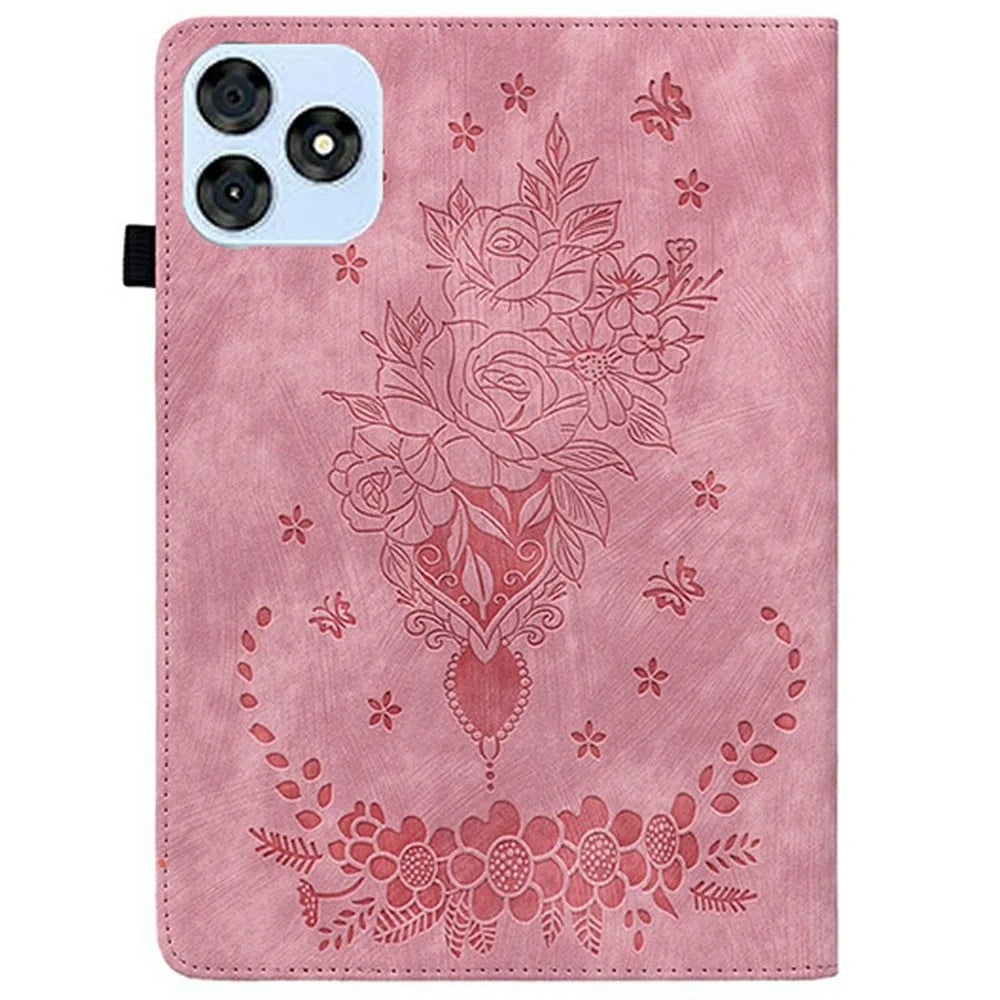 For itel Vistatab 30 Case Card Holder Anti-Scratch Leather Cover Rose Flower Imprint - Pink - 6