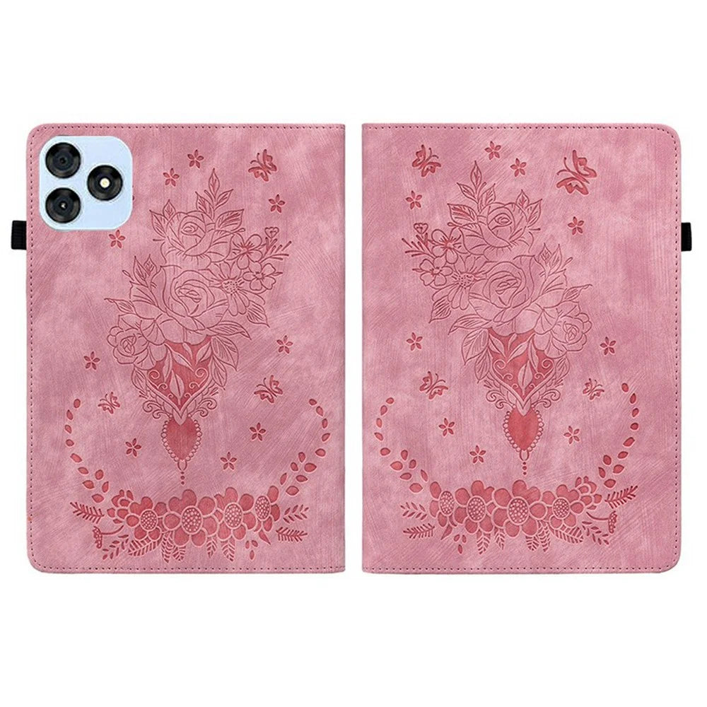 For itel Vistatab 30 Case Card Holder Anti-Scratch Leather Cover Rose Flower Imprint - Pink - 7