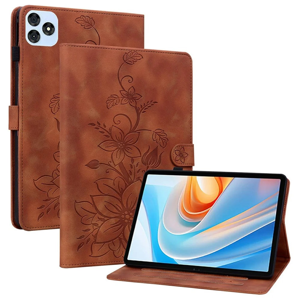 For itel Vistatab 30 Case Lily Flower Imprint Card Slots Leather Tablet Cover - Brown - 1