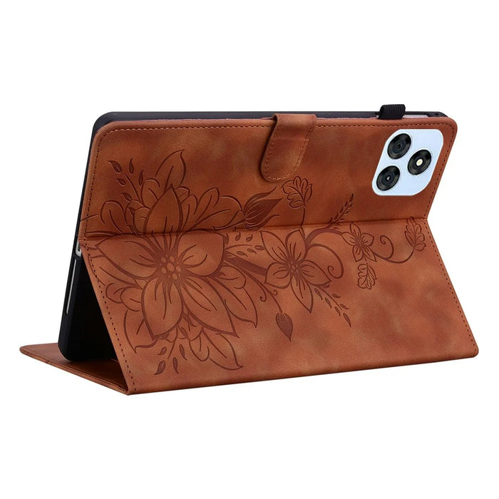 For itel Vistatab 30 Case Lily Flower Imprint Card Slots Leather Tablet Cover - Brown - 4
