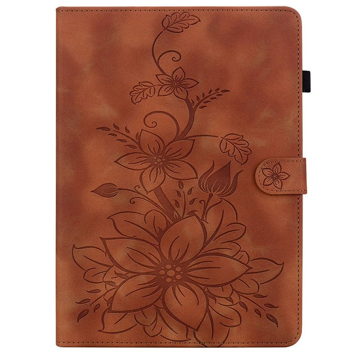 For itel Vistatab 30 Case Lily Flower Imprint Card Slots Leather Tablet Cover - Brown - 5