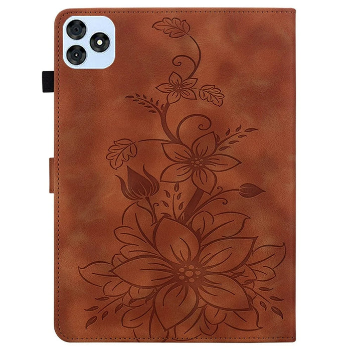 For itel Vistatab 30 Case Lily Flower Imprint Card Slots Leather Tablet Cover - Brown - 6