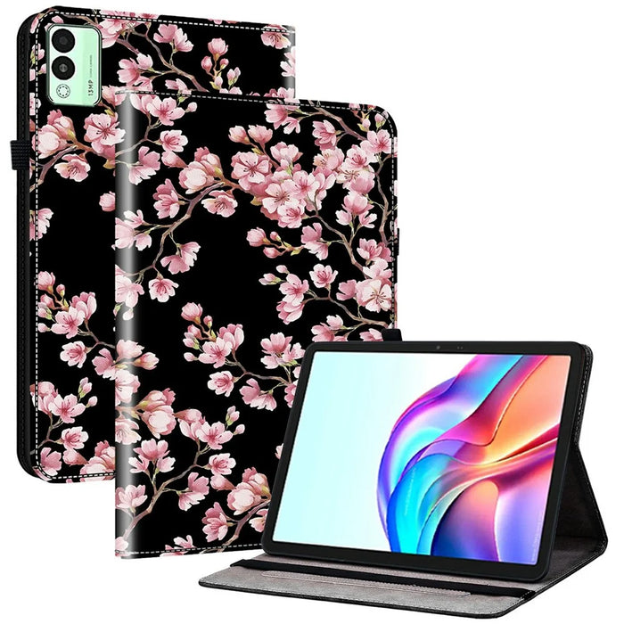 For TECNO Megapad 11 Leather Case Pattern Printed Stand Tablet Cover with Card Slots - Plum Blossom - 1