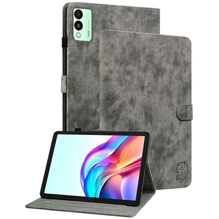 For TECNO Megapad 11 Case Tiger Imprint Anti-Scratch PU Leather Tablet Cover - Grey - 1