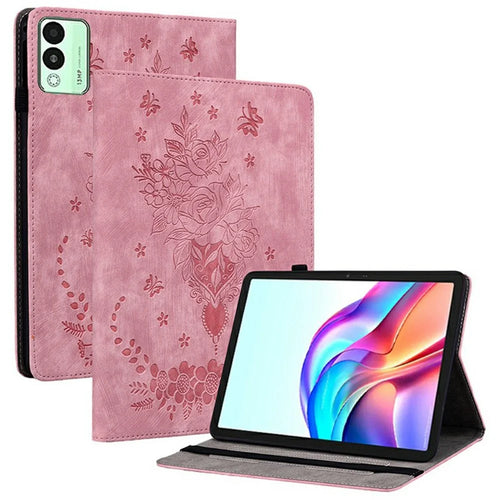 For TECNO Megapad 11 Case Card Holder Anti-Scratch Leather Cover Rose Flower Imprint - Pink - 1