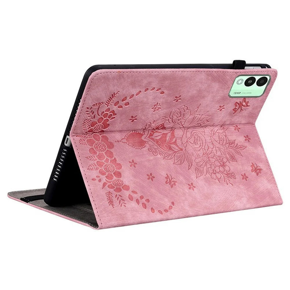 For TECNO Megapad 11 Case Card Holder Anti-Scratch Leather Cover Rose Flower Imprint - Pink - 4