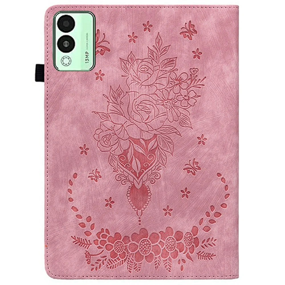 For TECNO Megapad 11 Case Card Holder Anti-Scratch Leather Cover Rose Flower Imprint - Pink - 6