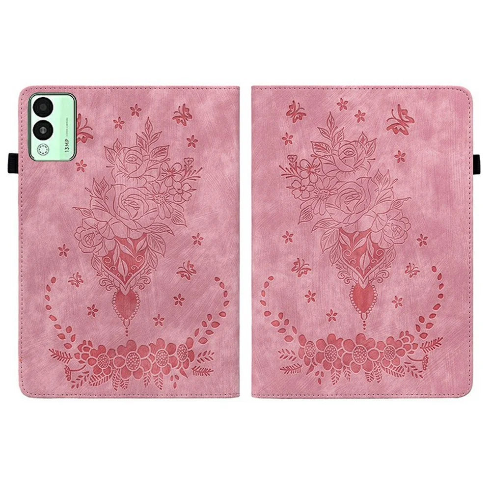 For TECNO Megapad 11 Case Card Holder Anti-Scratch Leather Cover Rose Flower Imprint - Pink - 7