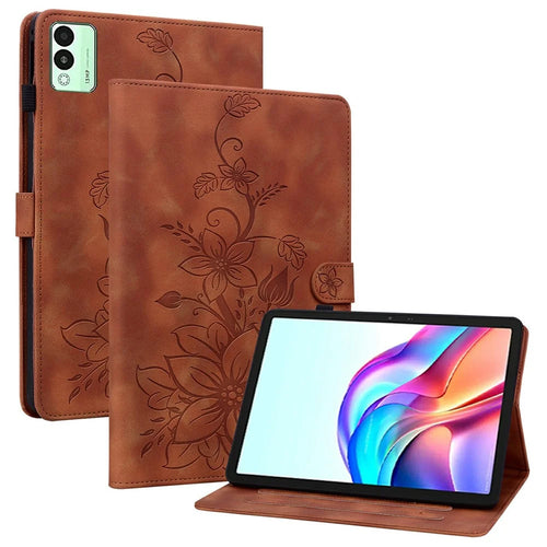 For TECNO Megapad 11 Case Lily Flower Imprint Card Slots Leather Tablet Cover - Brown - 1