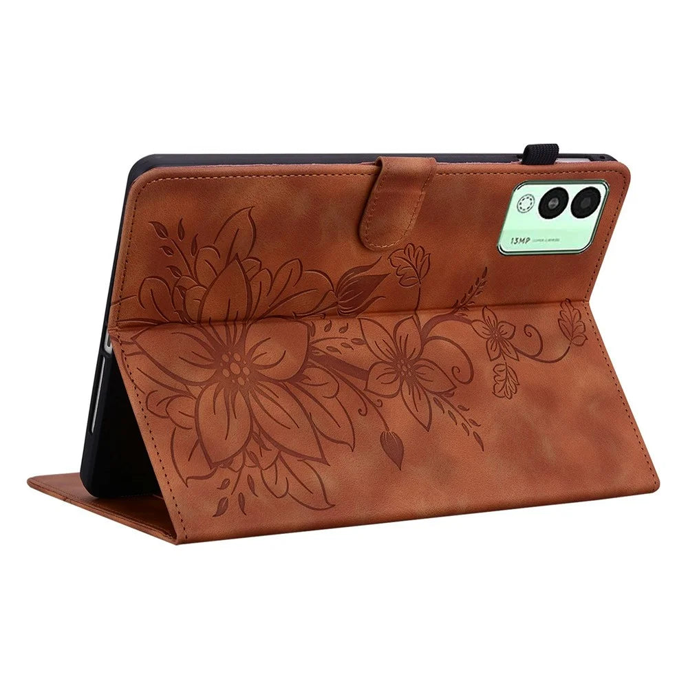 For TECNO Megapad 11 Case Lily Flower Imprint Card Slots Leather Tablet Cover - Brown - 4