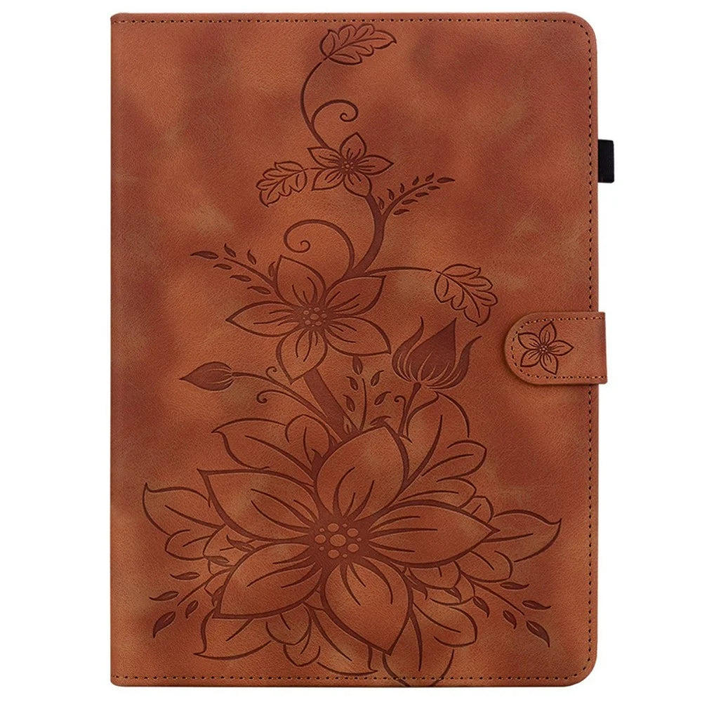 For TECNO Megapad 11 Case Lily Flower Imprint Card Slots Leather Tablet Cover - Brown - 5