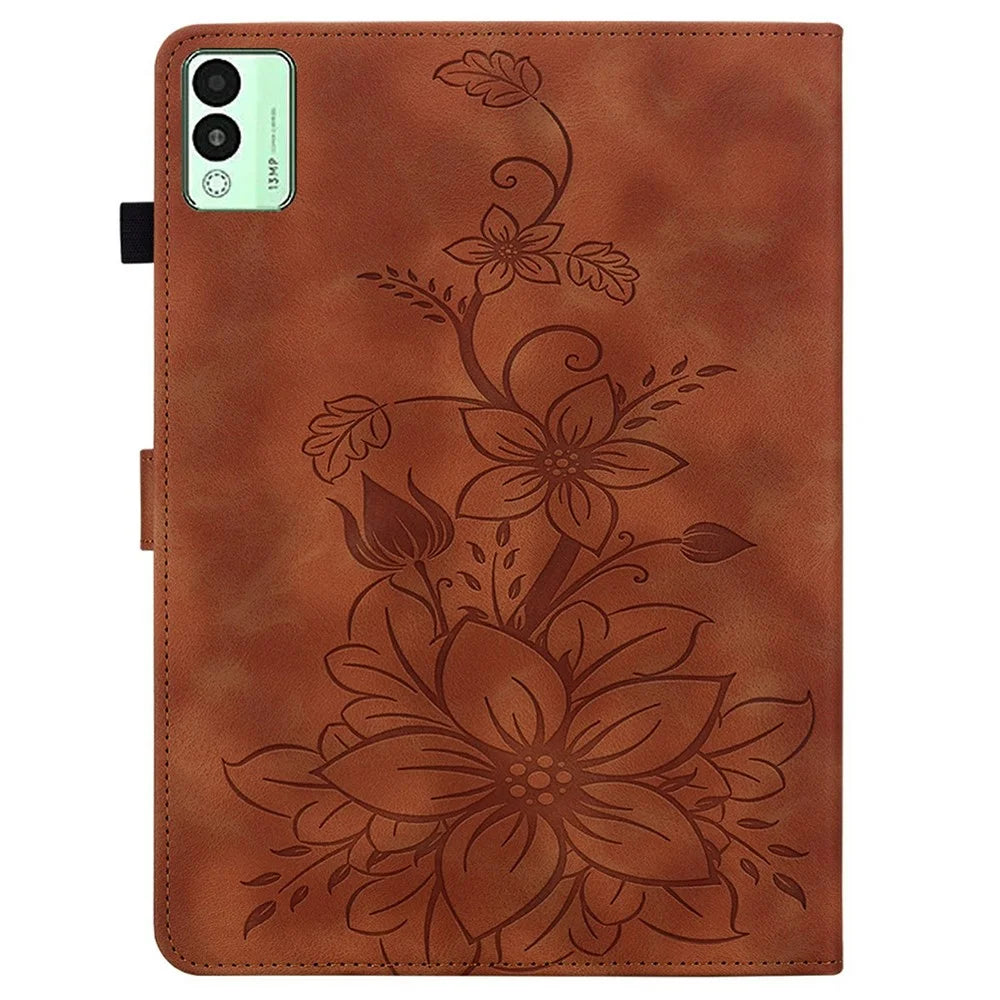 For TECNO Megapad 11 Case Lily Flower Imprint Card Slots Leather Tablet Cover - Brown - 6