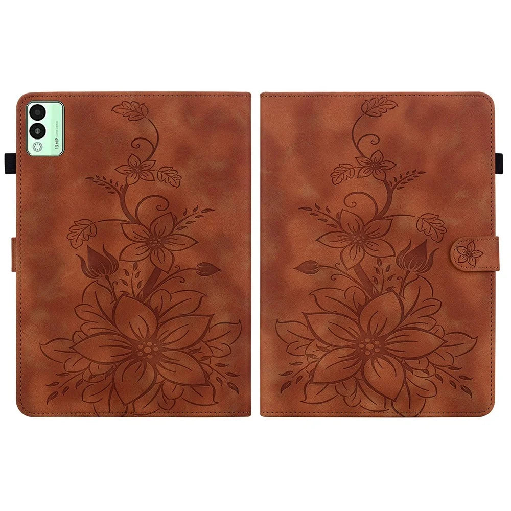 For TECNO Megapad 11 Case Lily Flower Imprint Card Slots Leather Tablet Cover - Brown - 7