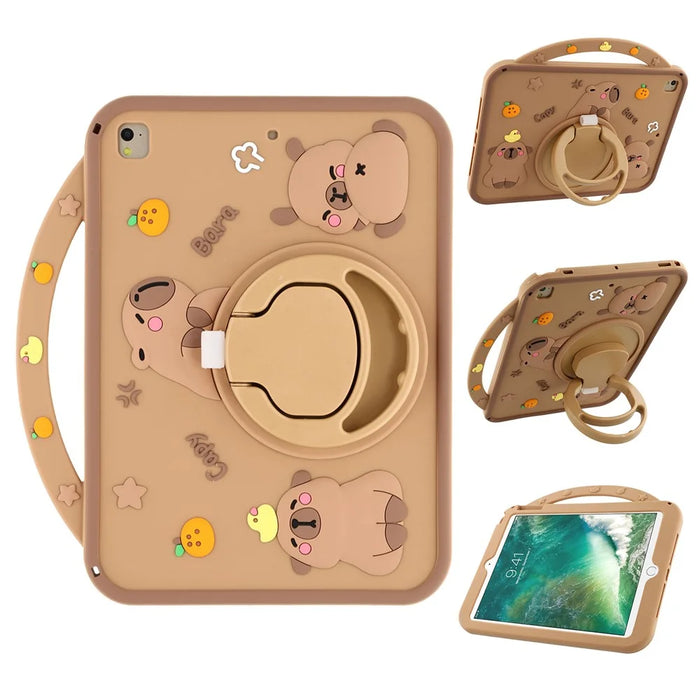 For iPad 9.7-inch (2018) / (2017) Silicone Case with Handle 360 Degree Rotating Kickstand Protective Cover Capybara Pattern - 1