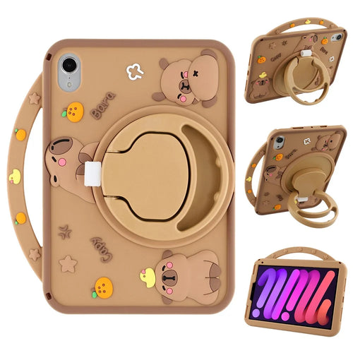 For iPad mini (2024) / (2021) Silicone Case with Handle 360 Degree Rotating Kickstand Protective Cover Capybara Pattern - 1