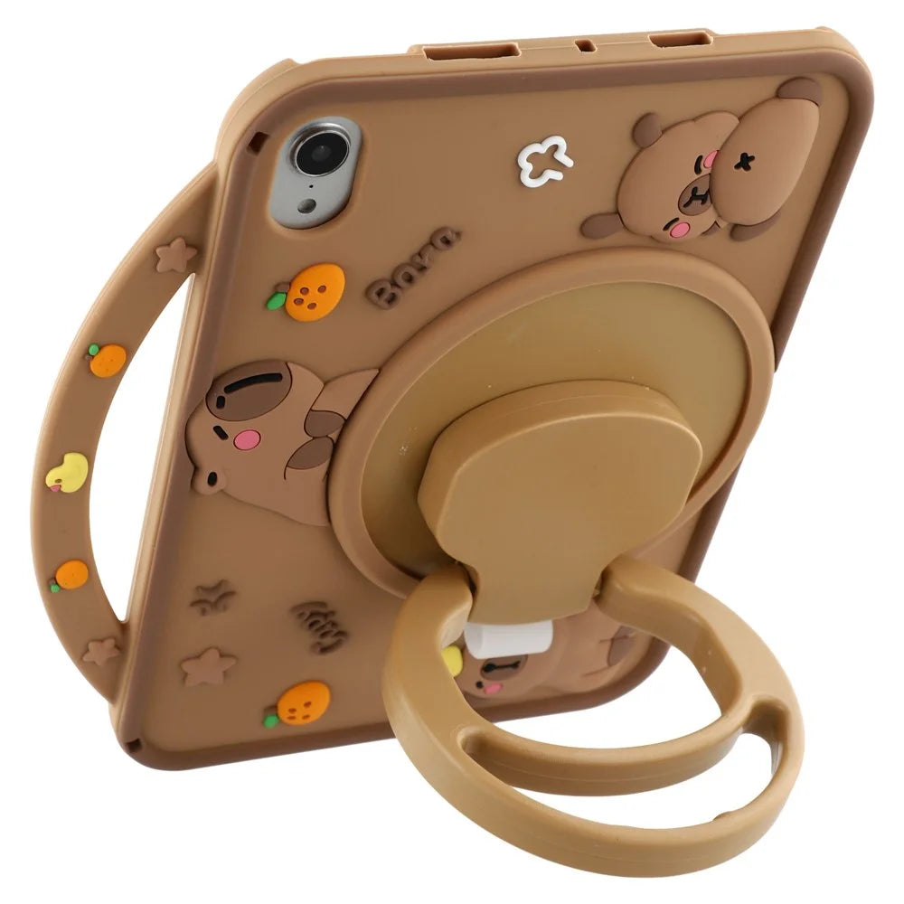 For iPad mini (2024) / (2021) Silicone Case with Handle 360 Degree Rotating Kickstand Protective Cover Capybara Pattern - 2