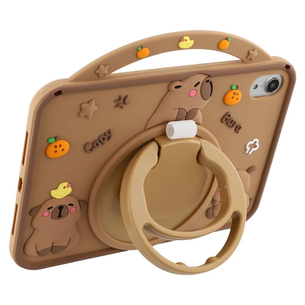 For iPad mini (2024) / (2021) Silicone Case with Handle 360 Degree Rotating Kickstand Protective Cover Capybara Pattern - 3