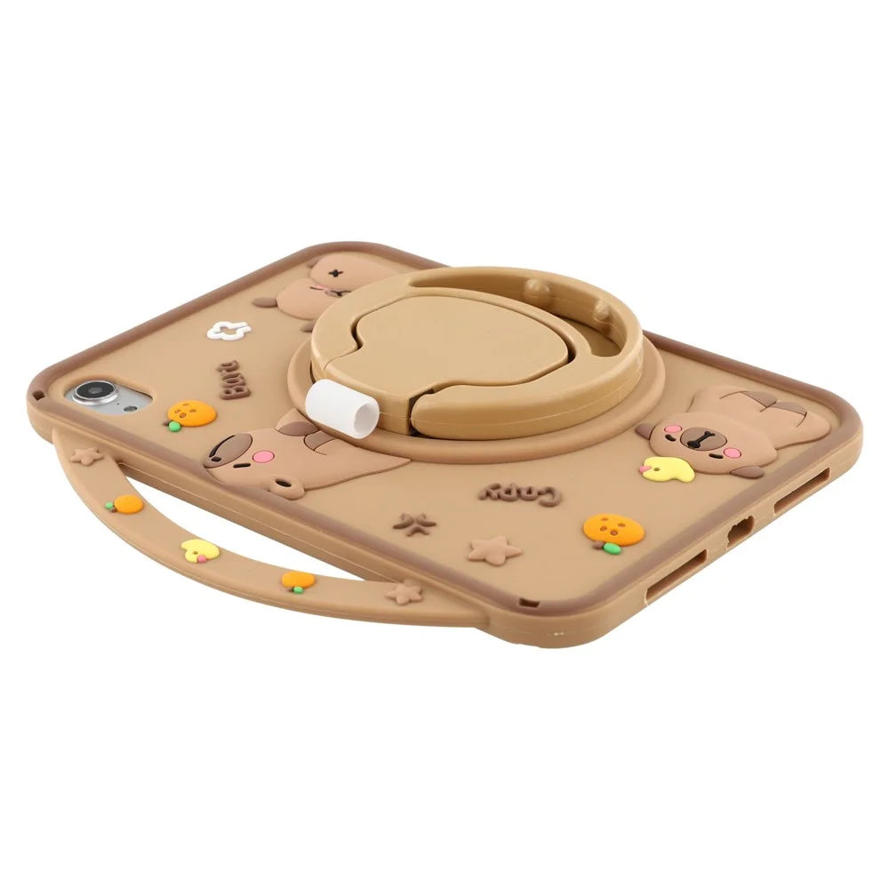 For iPad mini (2024) / (2021) Silicone Case with Handle 360 Degree Rotating Kickstand Protective Cover Capybara Pattern - 5