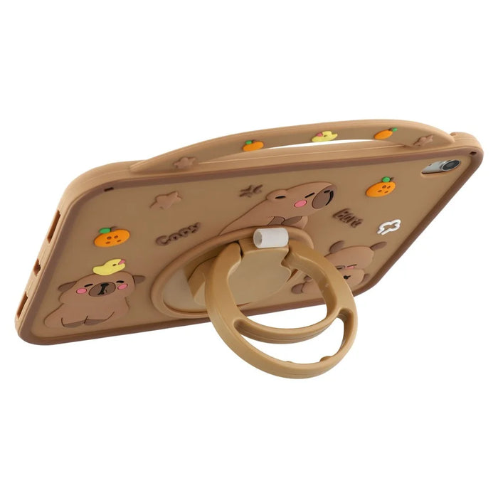 For iPad (2025) / 10.9 (2022) Silicone Case with Handle 360 Degree Rotating Kickstand Protective Cover Capybara Pattern - 3