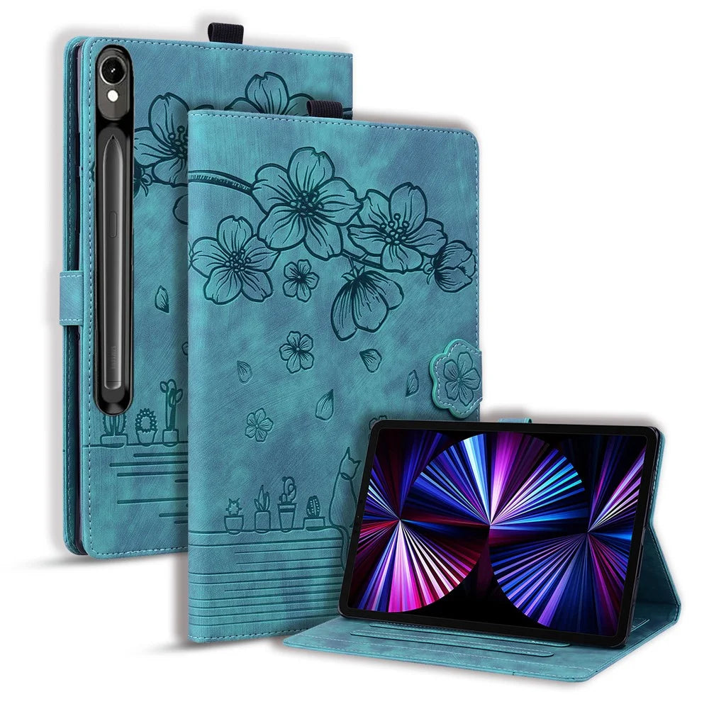 For Samsung Galaxy Tab S10 FE+ Case Flip Stand Leather Phone Cover Cherry Blossom Cat Imprinted - Green - 1