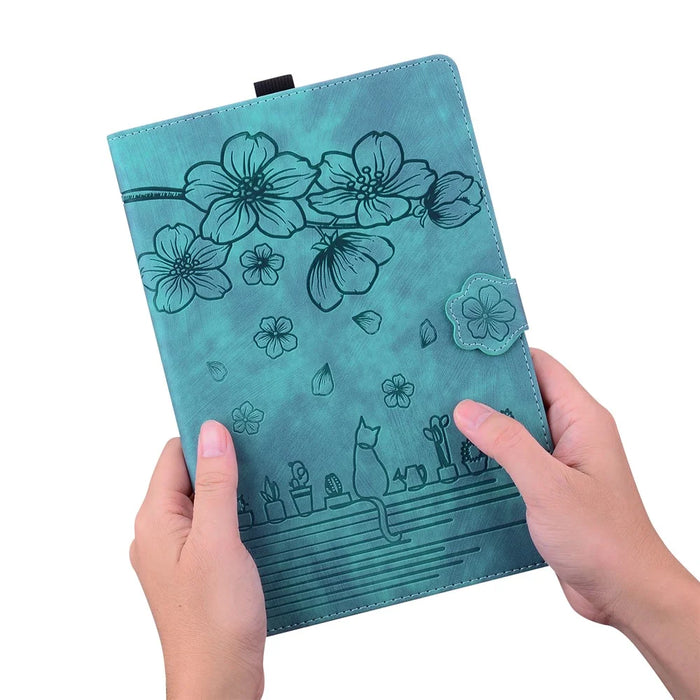 For Samsung Galaxy Tab S10 FE+ Case Flip Stand Leather Phone Cover Cherry Blossom Cat Imprinted - Green - 6
