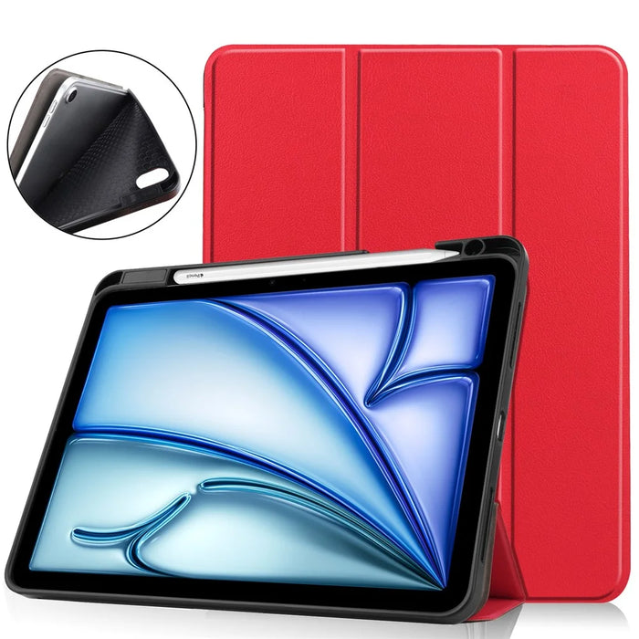 For iPad Air 11 (2026) / (2025) / (2024) Stand Case Shock-Absorbent Leather Tablet Cover with Pen Slot - Red - 1