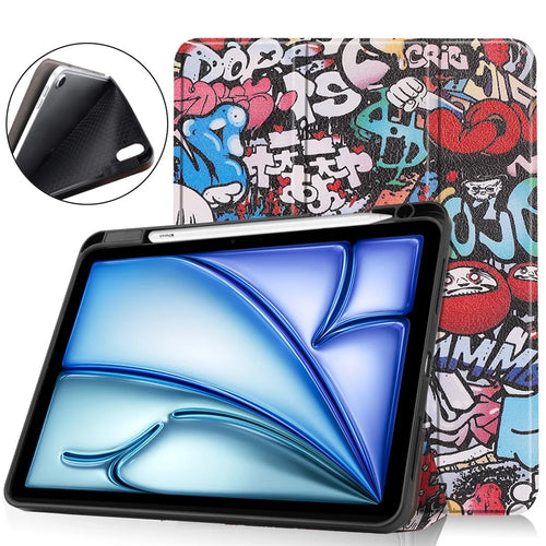 For iPad Air 11 (2026) / (2025) / (2024) Tablet Case Pattern Printing Tri-Fold Stand Leather + TPU Cover with Pen Holder - Graffiti - 1