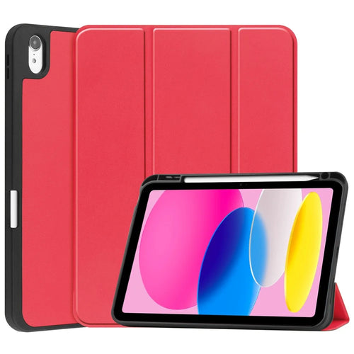For iPad (2025) / 10.9 (2022) Stand Case Shock-Absorbent Leather Tablet Cover with Pen Slot - Red - 1