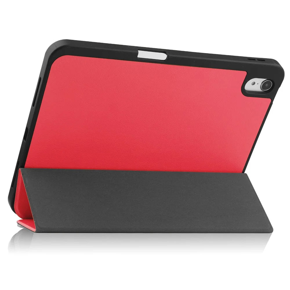 For iPad (2025) / 10.9 (2022) Stand Case Shock-Absorbent Leather Tablet Cover with Pen Slot - Red - 4