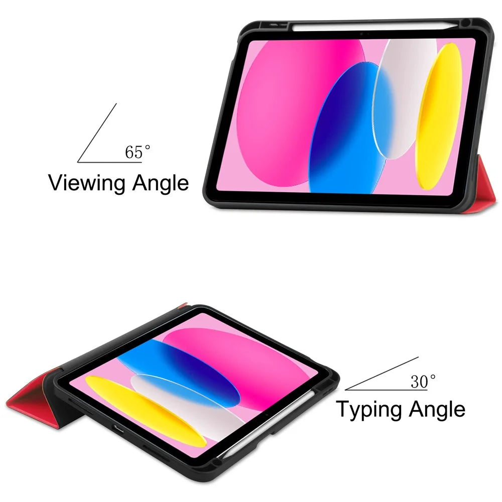 For iPad (2025) / 10.9 (2022) Stand Case Shock-Absorbent Leather Tablet Cover with Pen Slot - Red - 6