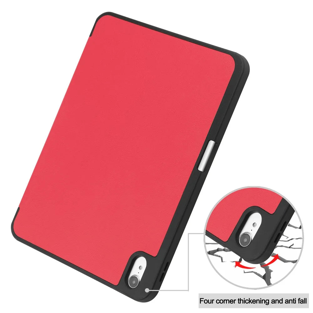For iPad (2025) / 10.9 (2022) Stand Case Shock-Absorbent Leather Tablet Cover with Pen Slot - Red - 7