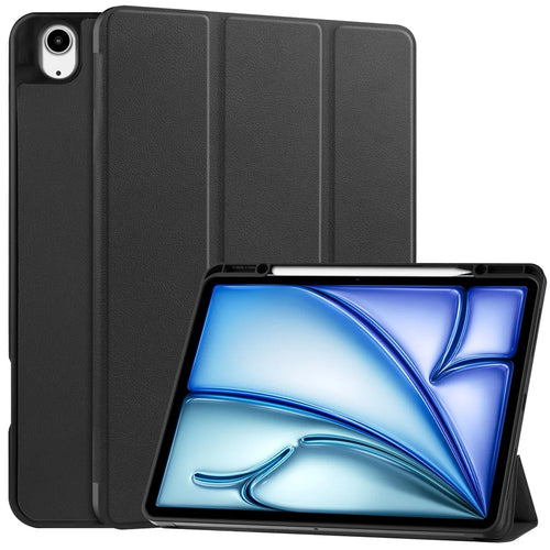 For iPad Air 13 (2026) / (2025) / (2024) Stand Case Shock-Absorbent Leather Tablet Cover with Pen Slot - Black - 1