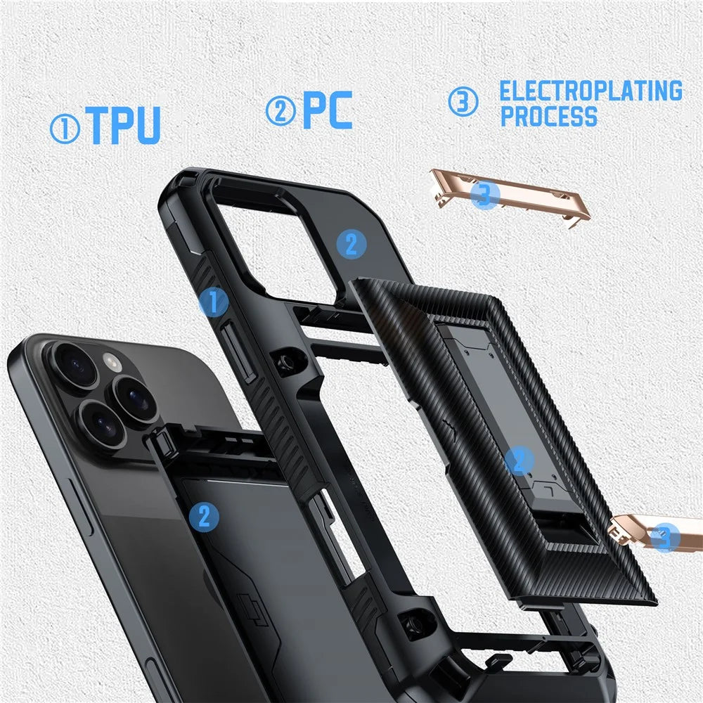 For iPhone 16 Pro Case TPU + PC Armor Shockproof Phone Cover with Card Holder - Gold - 4