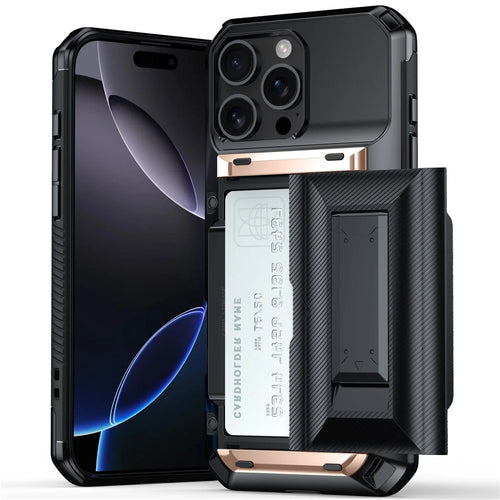 For iPhone 16 Pro Max Case TPU + PC Armor Shockproof Phone Cover with Card Holder - Gold - 1