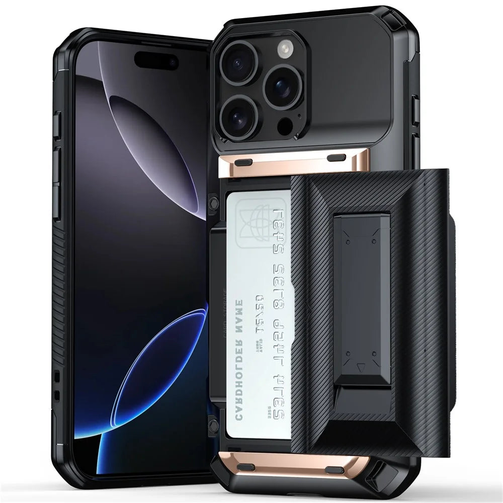 For iPhone 16 Pro Max Case TPU + PC Armor Shockproof Phone Cover with Card Holder - Gold - 1