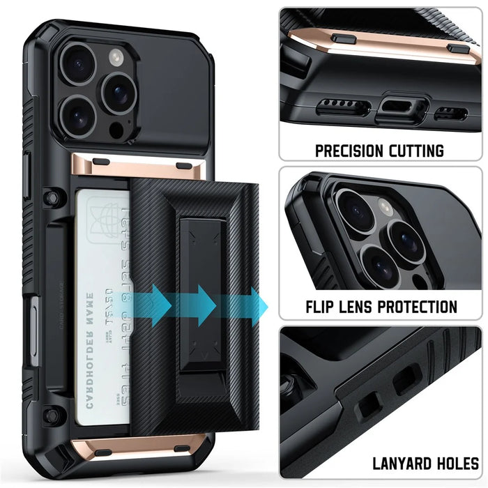 For iPhone 16 Pro Max Case TPU + PC Armor Shockproof Phone Cover with Card Holder - Gold - 2