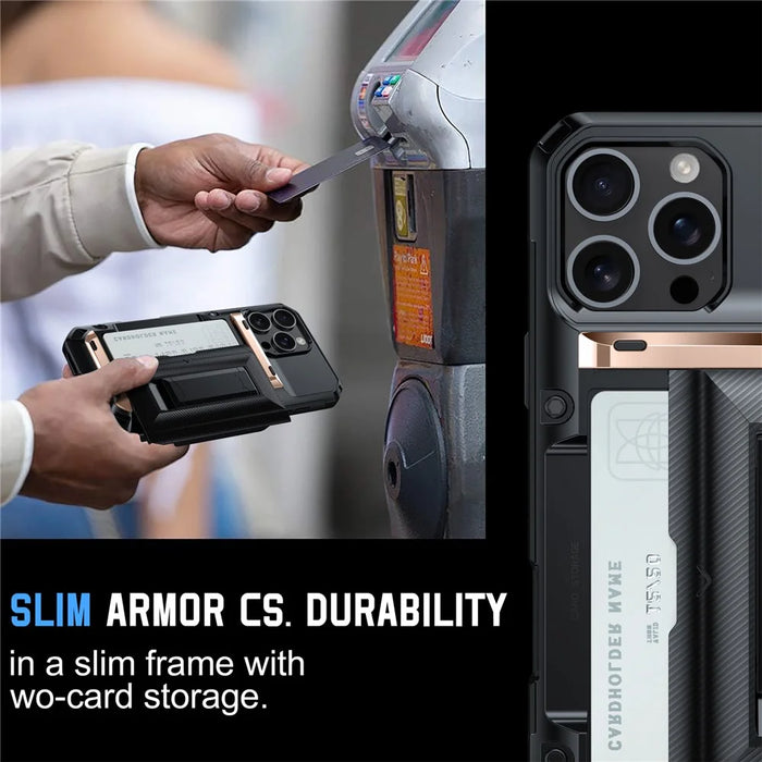 For iPhone 16 Pro Max Case TPU + PC Armor Shockproof Phone Cover with Card Holder - Gold - 5