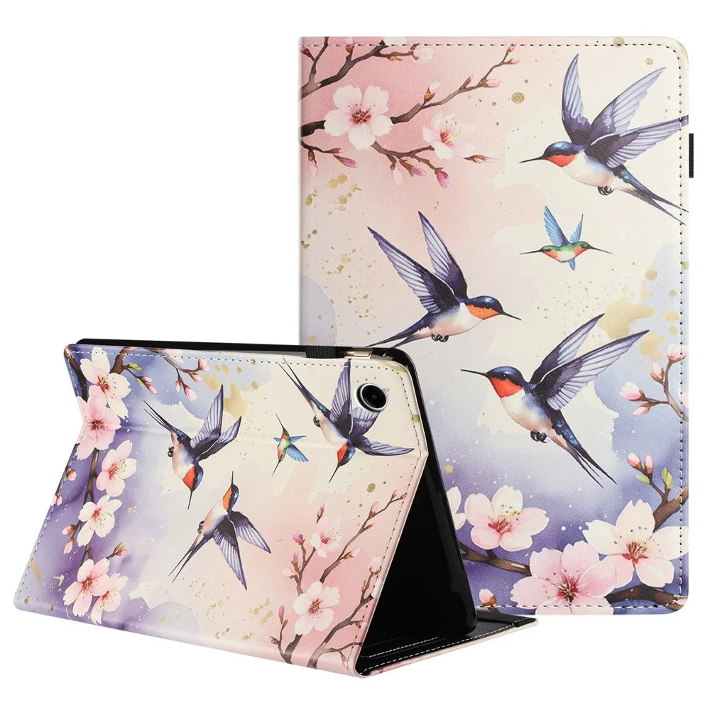 For Samsung Galaxy Tab A9+ Tablet Case Litchi Texture Pattern Printing Leather Cover Auto Sleep  /  Wake with Card Holder - Plum Swallow - 1