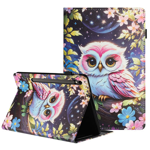 For Samsung Galaxy Tab S10 FE / S9 FE / S9 Tablet Case Litchi Texture Pattern Printing Leather Cover with Card Holder - Owl - 1