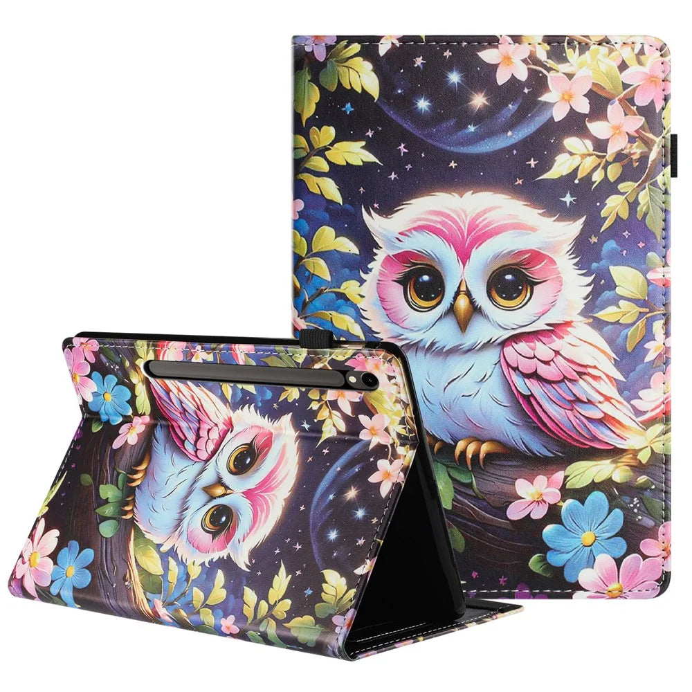 For Samsung Galaxy Tab S10 FE / S9 FE / S9 Tablet Case Litchi Texture Pattern Printing Leather Cover with Card Holder - Owl - 1